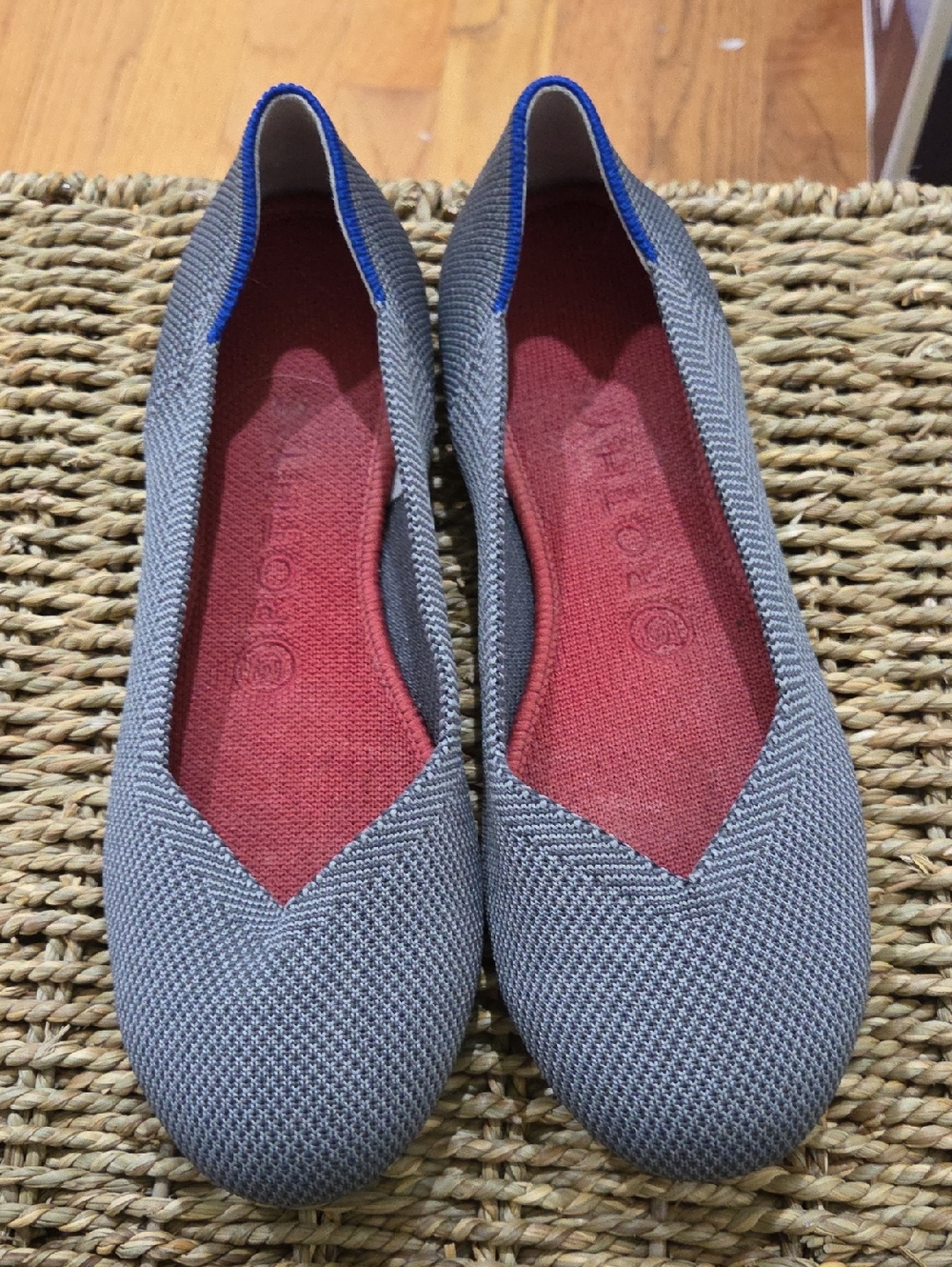 Rothy's Gray Knit Ballet Flats with Red Insole and Blue Trim
